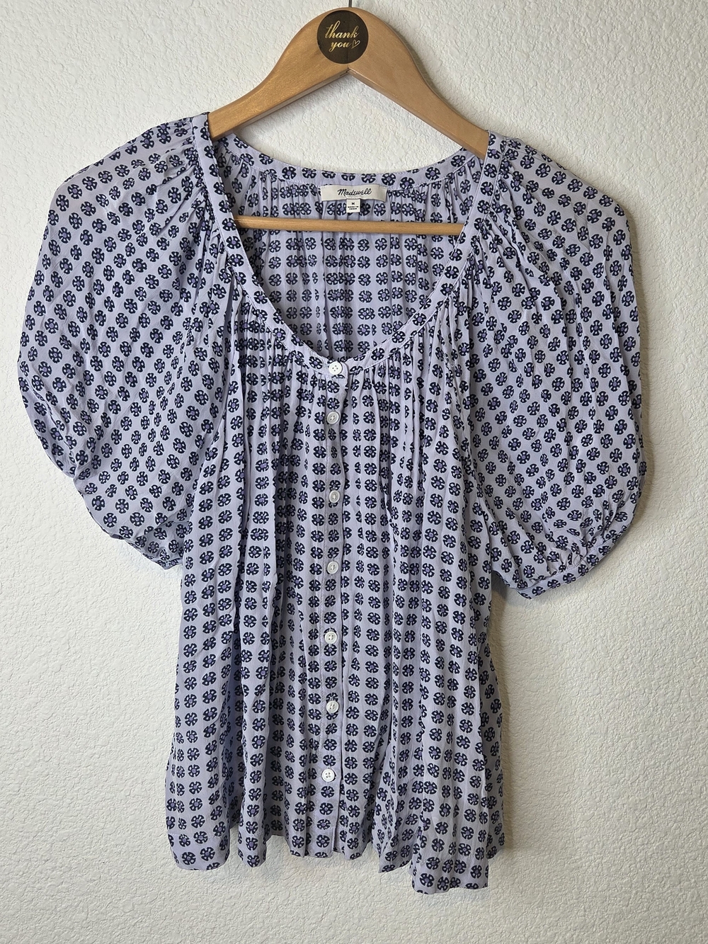 Madewell White and Navy Puff-Sleeve Button Front Blouse Womens Size Medium